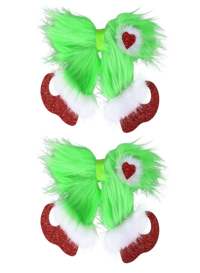 Miroksh Christmas Green Fur Hair Bows 2pcs 4in Holiday Costume Hairbow Alligator Clip with Glitter Heart for Girls Women Kids Xmas Party Dress Decor Accessories Stocking Stuffer Gift - Image 1